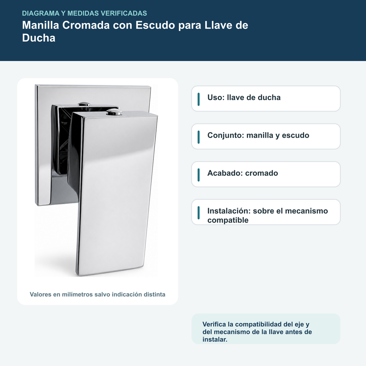 Diagrama o datos verificados del manilla cromada con escudo para llave de ducha