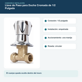 Medidas y datos verificados del llave de paso para ducha cromada de 1/2 pulgada