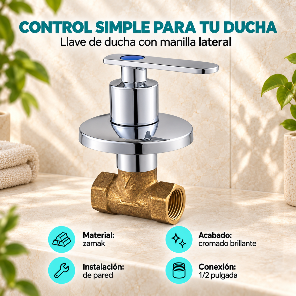 Características de Llave de ducha cromada de 1/2 pulgada con manilla lateral