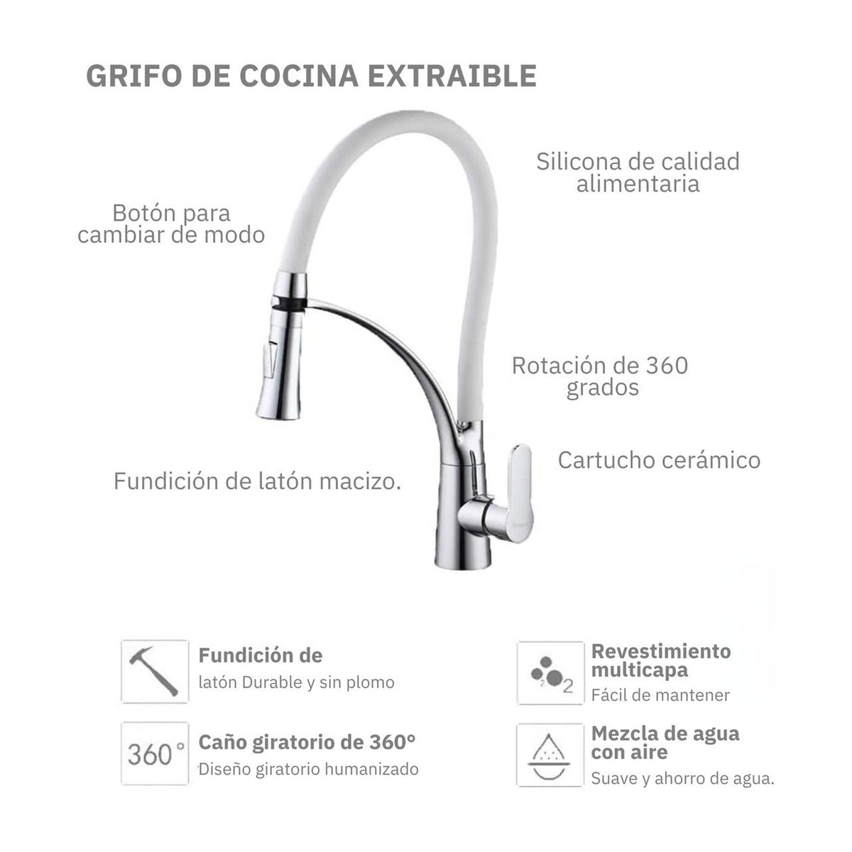 Griferia Monocontrol para Lavaplatos - Cuello Ajustable en Bronce Cromado - Blanco - imagen 8