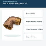 Material y pruebas de presión del codo de bronce e incluye una unidad