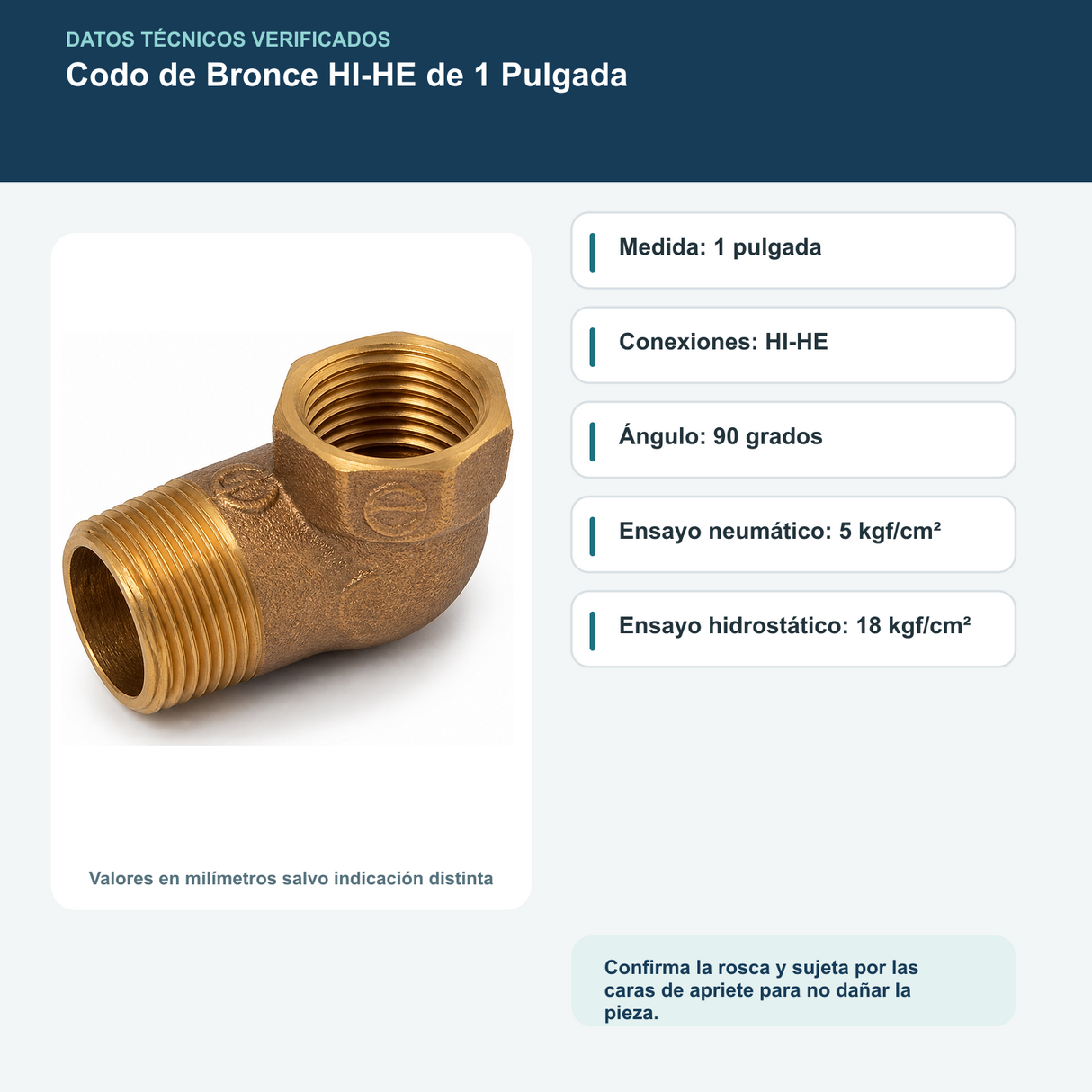Diagrama o datos verificados del codo de bronce hi-he de 1 pulgada