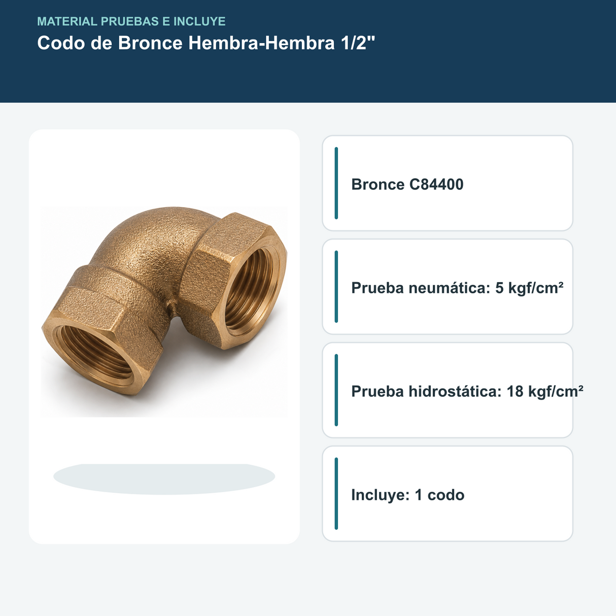 Material y pruebas de presión del codo hembra-hembra e incluye una unidad