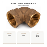 Codo de bronce con sus dos conexiones hembra de 3/4 de pulgada