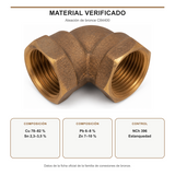 Codo de bronce C84400 con composición verificada y certificación según NCh 396