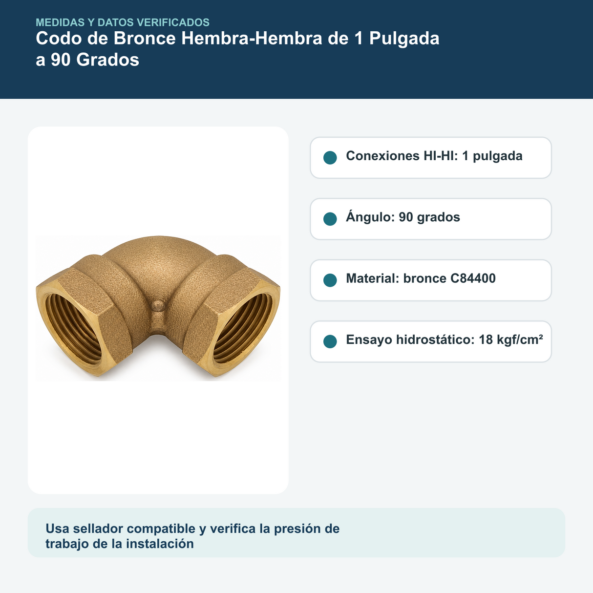 Medidas y datos verificados del codo de bronce hembra-hembra de 1 pulgada a 90 grados