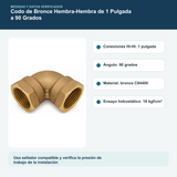 Medidas y datos verificados del codo de bronce hembra-hembra de 1 pulgada a 90 grados