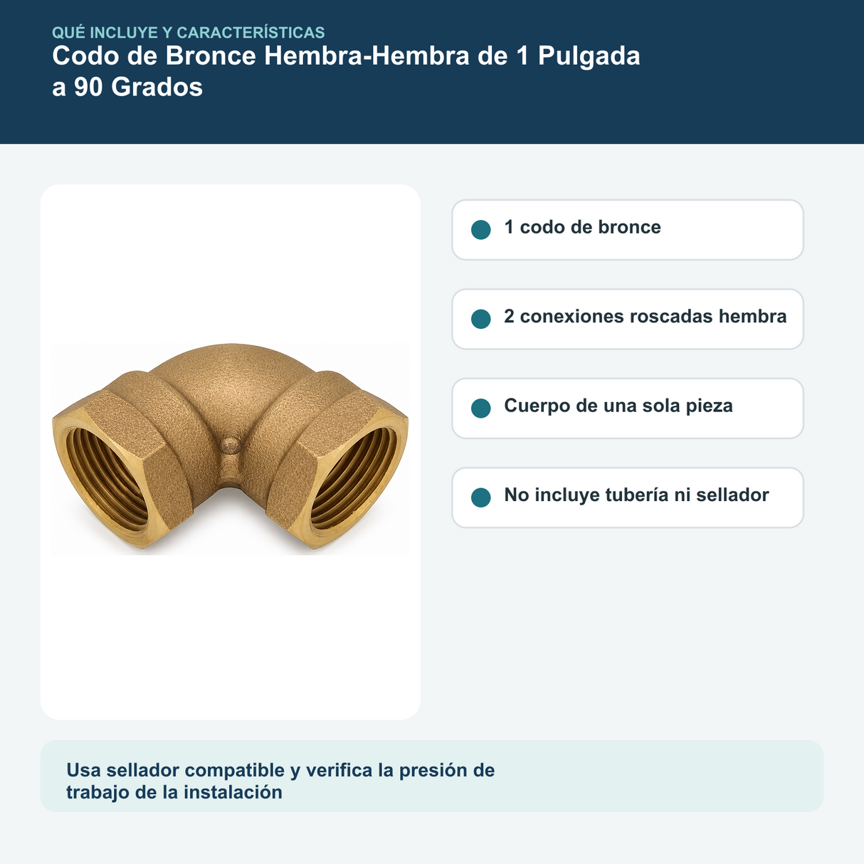 Contenido y características del codo de bronce hembra-hembra de 1 pulgada a 90 grados