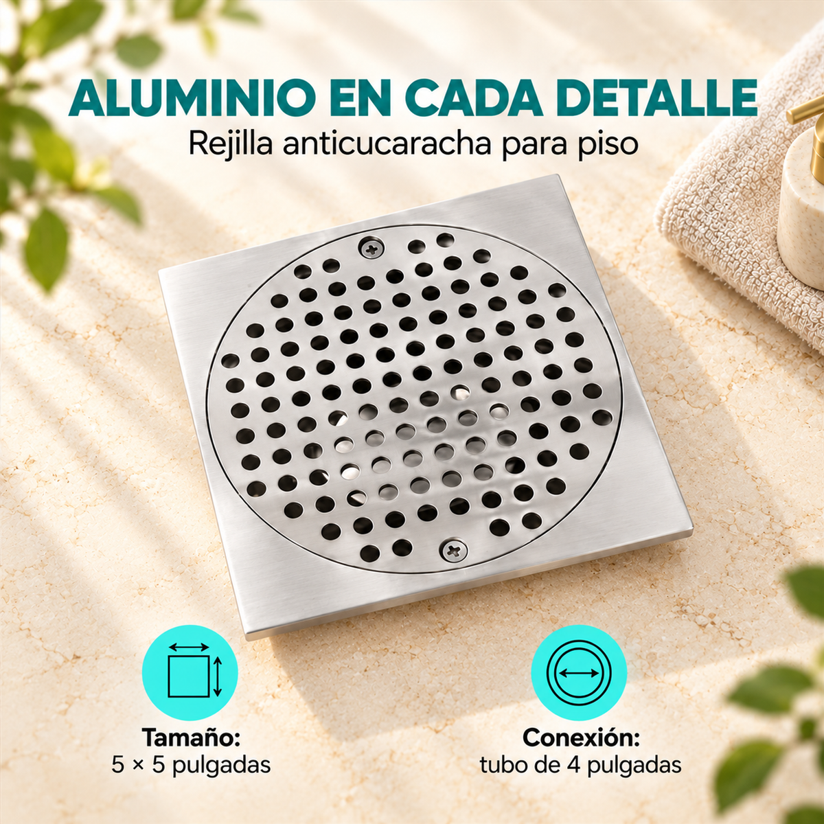 Rejilla anticucaracha de aluminio: tamaño 5 × 5 pulgadas y conexión para tubo de 4 pulgadas