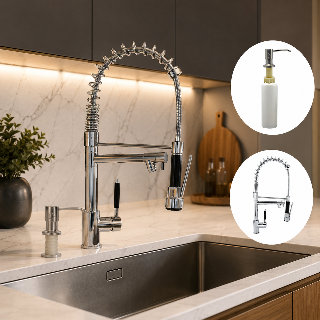 Combo Grifería Monocontrol Espiral Gourmet Doble Salida Cromada + Dispensador Jabón Líquido Mesa Push Blanco