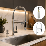 Combo Grifería Monocontrol Espiral Gourmet Doble Salida Cromada + Dispensador Jabón Líquido Mesa Push Blanco