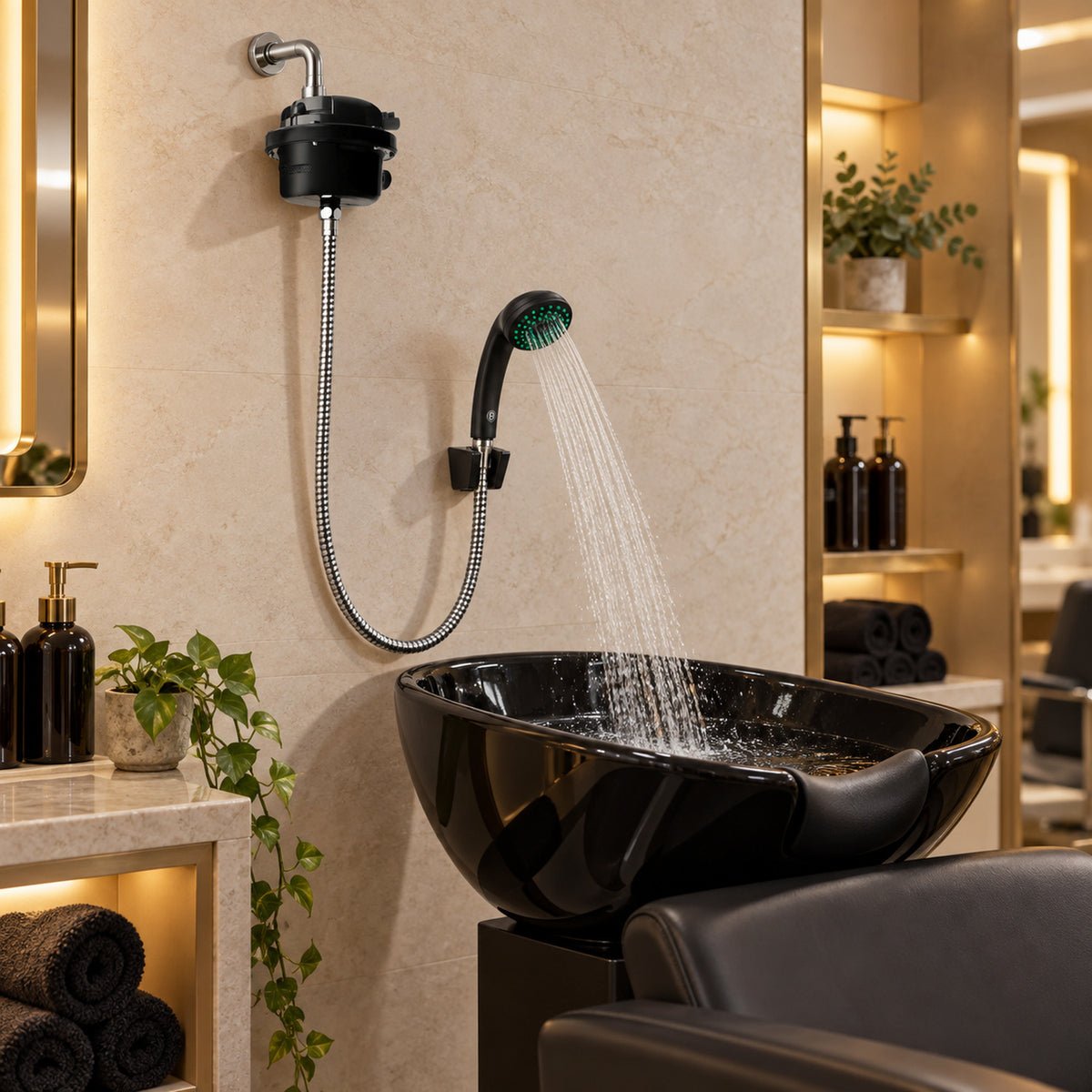 Ducha eléctrica con teleducha instalada en salón de belleza