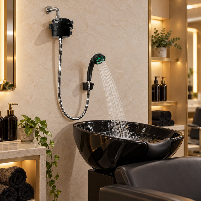 Ducha eléctrica con teleducha instalada en salón de belleza