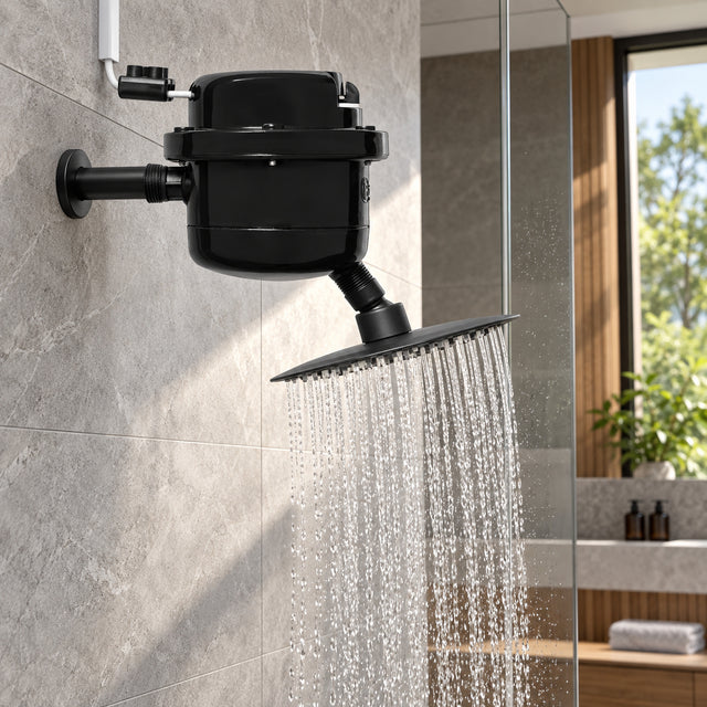 Ducha eléctrica negra instalada y funcionando en baño contemporáneo