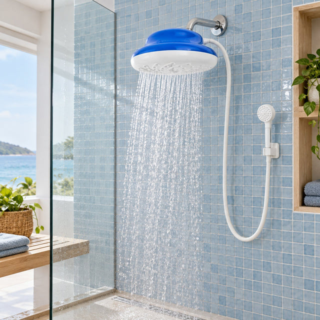 Ducha eléctrica blanca y azul instalada y funcionando