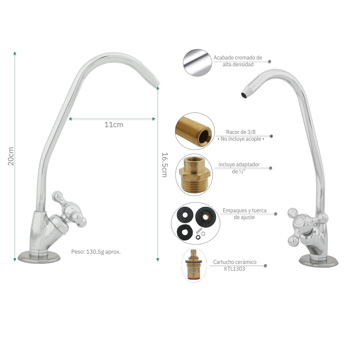 Llave Purificador Agua Pico Alto Monomando Adaptador 3/8