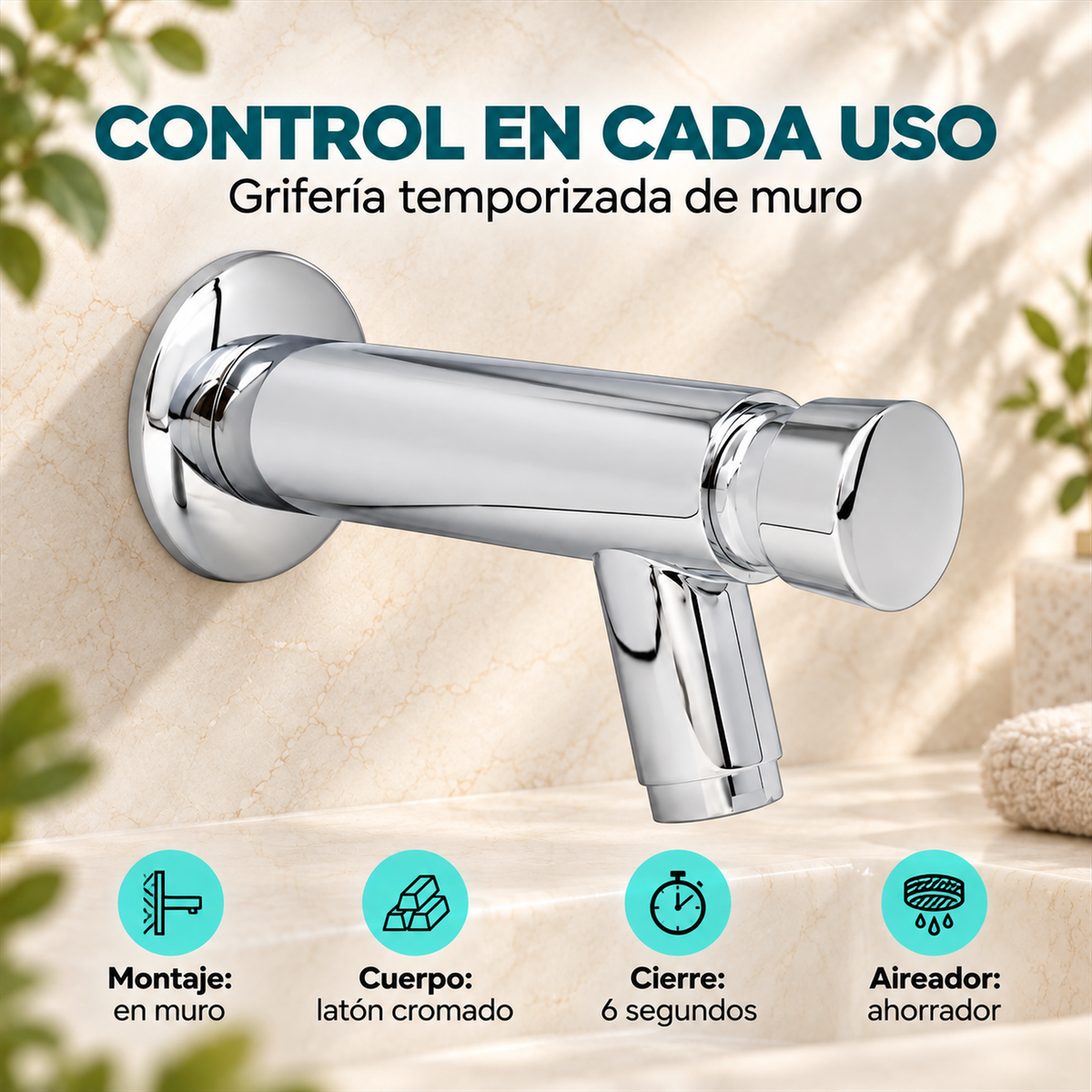 Grifería temporizada de muro: latón cromado, cierre de 6 segundos y aireador ahorrador
