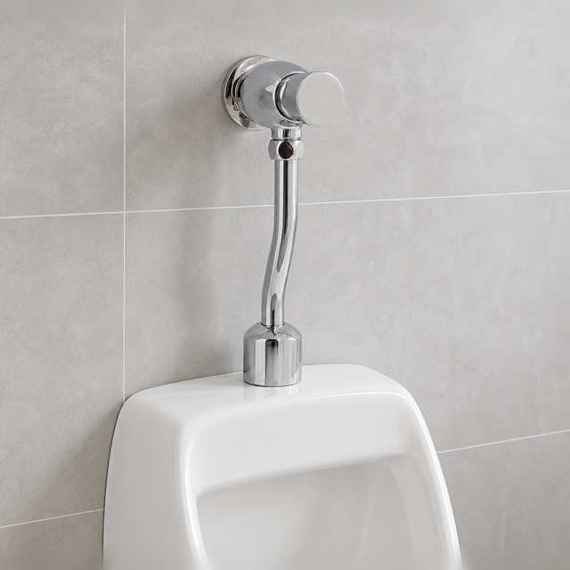 Fluxómetro temporizado instalado sobre un urinario en baño moderno