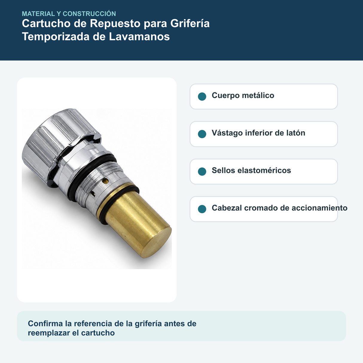 Materiales y construcción verificados del cartucho de repuesto para grifería temporizada de lavamanos