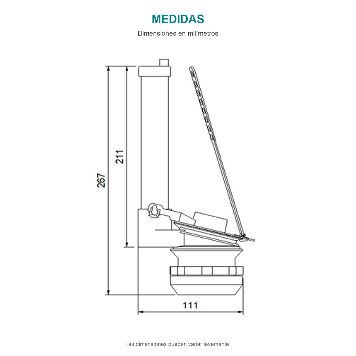 Croquis original de válvula de salida para sanitario 26 cm, con cotas y tabla originales sin repasar trazos.