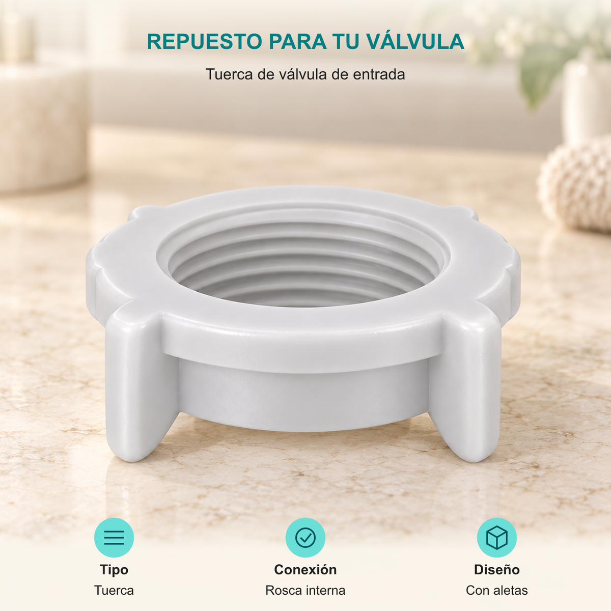 Tuerca de válvula de entrada. Tipo: Tuerca. Conexión: Rosca interna. Diseño: Con aletas.