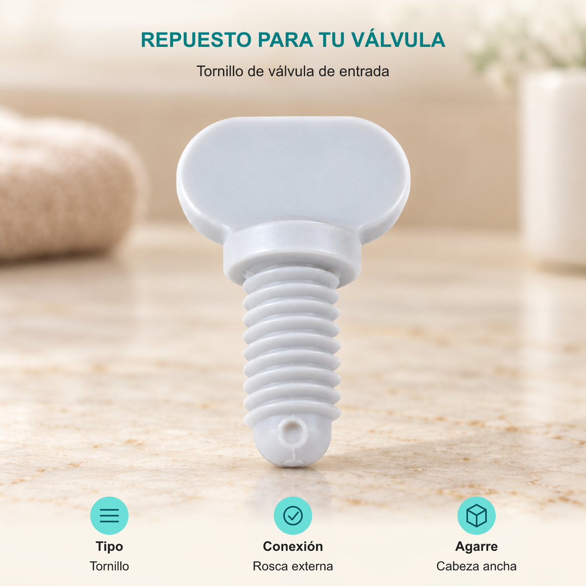 Tornillo de válvula de entrada. Tipo: Tornillo. Conexión: Rosca externa. Agarre: Cabeza ancha.