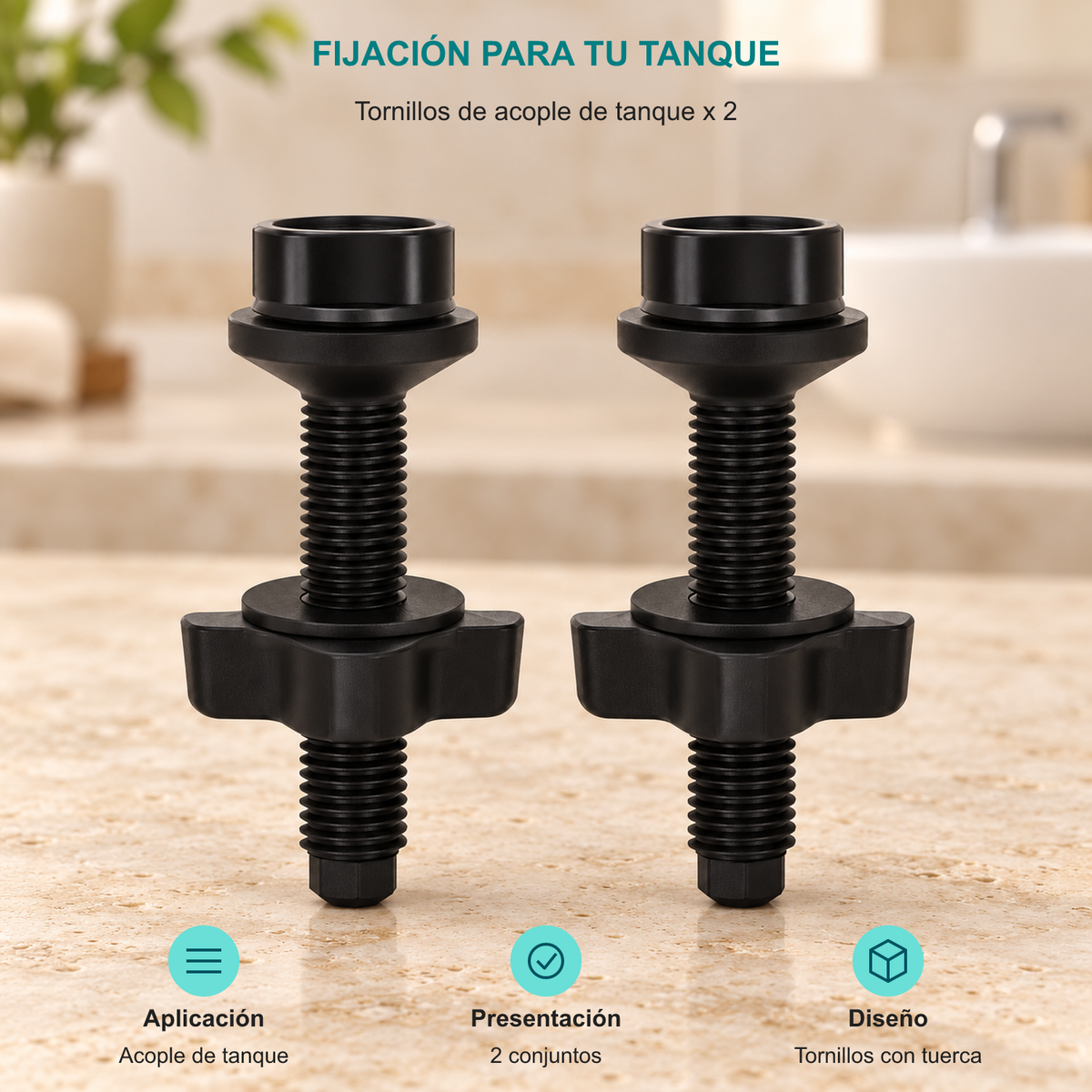 Tornillos de acople de tanque x 2. Aplicación: Acople de tanque. Presentación: 2 conjuntos. Diseño: Tornillos con tuerca.