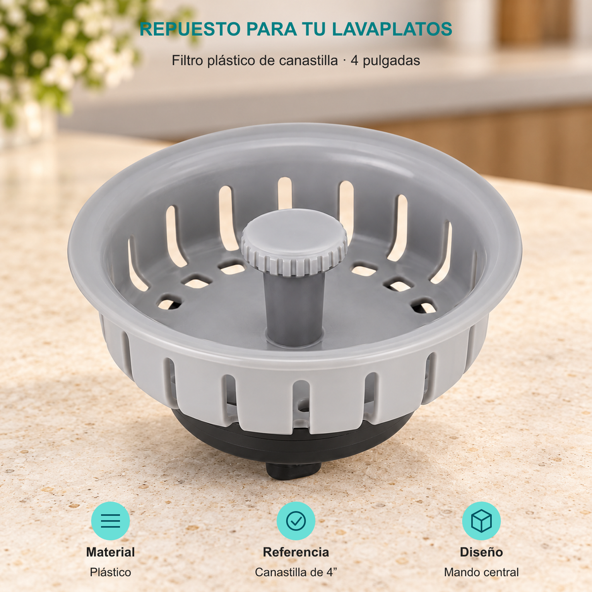 Filtro plástico de canastilla · 4 pulgadas. Material: Plástico. Referencia: Canastilla de 4”. Diseño: Mando central.