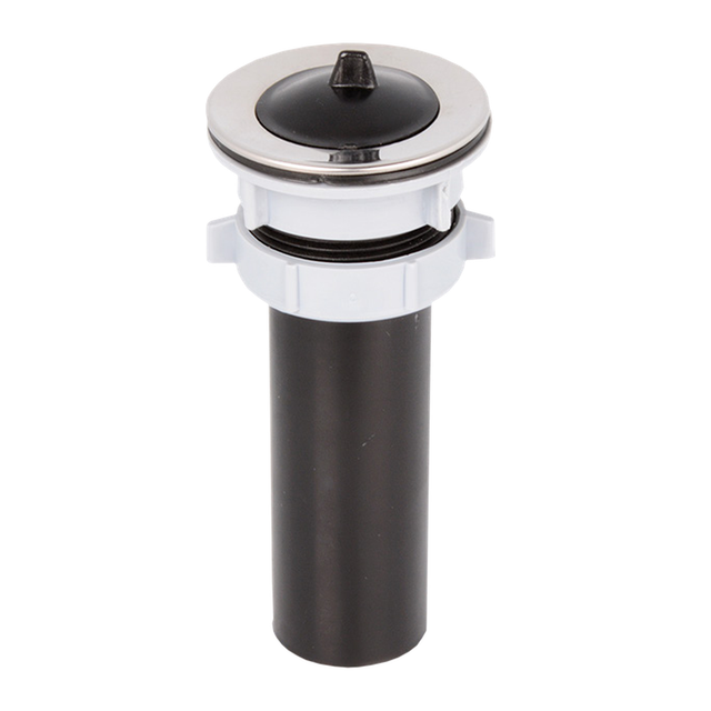 Canastilla para lavaplatos Trevi cromada de 2 pulgadas sobre fondo blanco. Borde cromado, tapón y tubo negros.