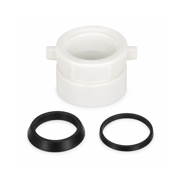 Adaptador para sifón en P de 1½″ o 1¼″ sobre fondo blanco, producto completo.