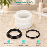 Adaptador para sifón en P. Conexión nominal: 1½″ o 1¼″. Incluye: Adaptador y 2 sellos. Aplicación: Sifón en P.