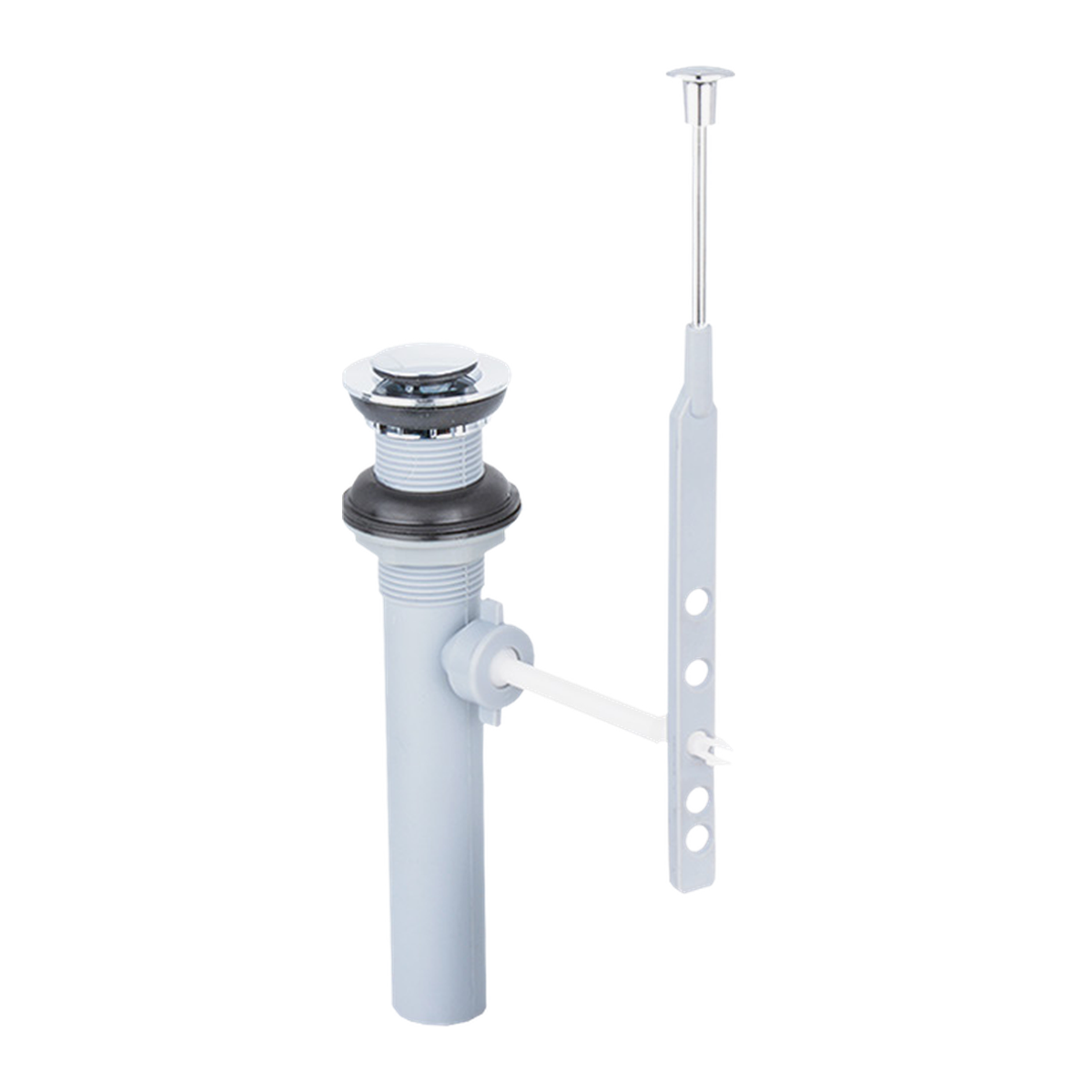 Desagüe automático cromado con varilla para lavamanos sobre fondo blanco. Cromado y blanco.
