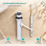 Desagüe automático cromado con varilla para lavamanos: Acción: Varilla y enlace; Rebose: Sin rebose; Tubo: Polipropileno.