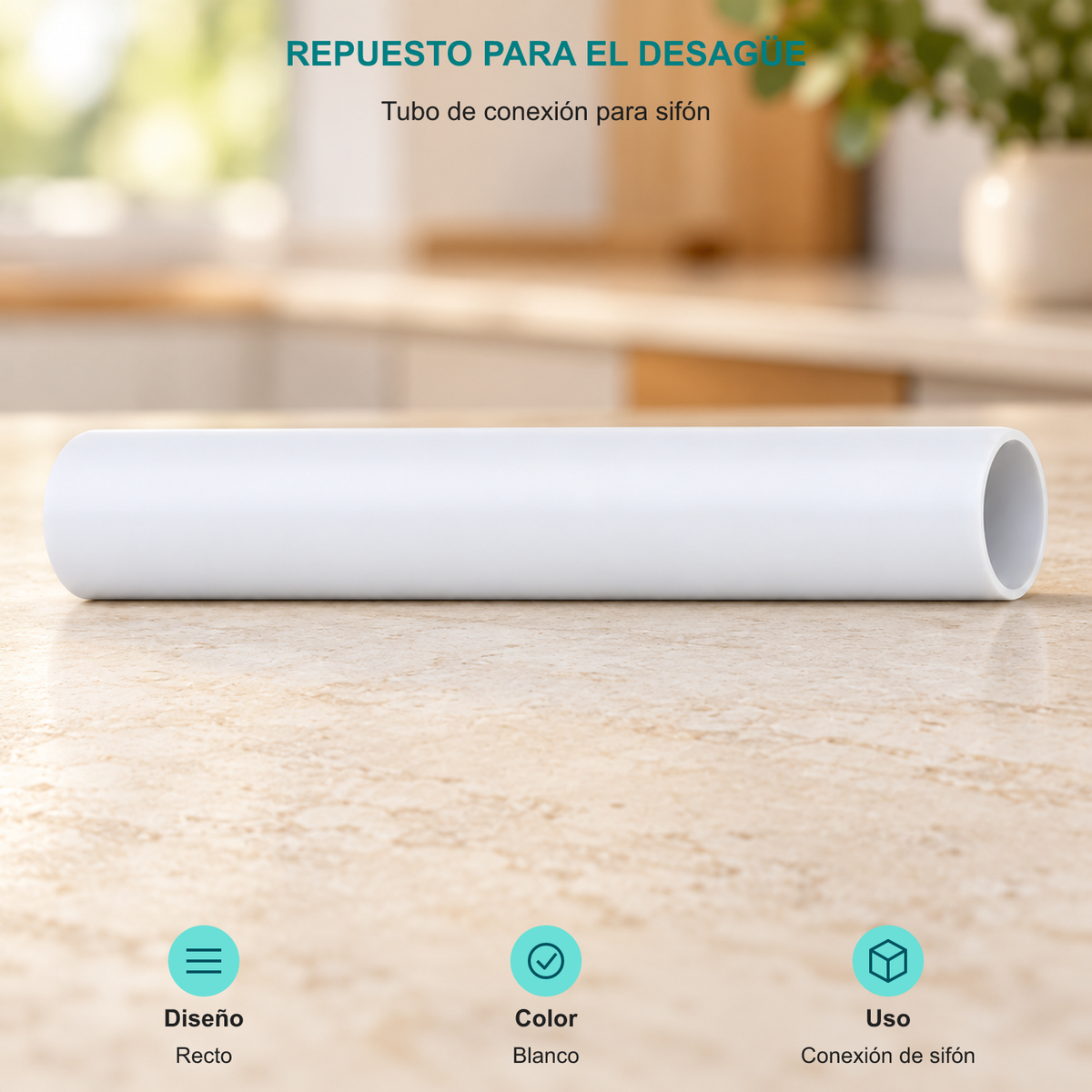 Tubo de conexión para sifón. Diseño: Recto. Color: Blanco. Uso: Conexión de sifón.
