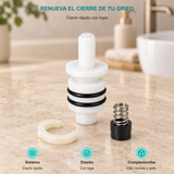 Cierre rápido con tope. Sistema: Cierre rápido. Diseño: Con tope. Complementos: Clip, resorte y sello.