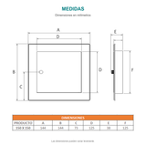 Croquis original de tapa de registro blanca de 144 × 144 mm, con sus cotas originales sin repasar trazos.