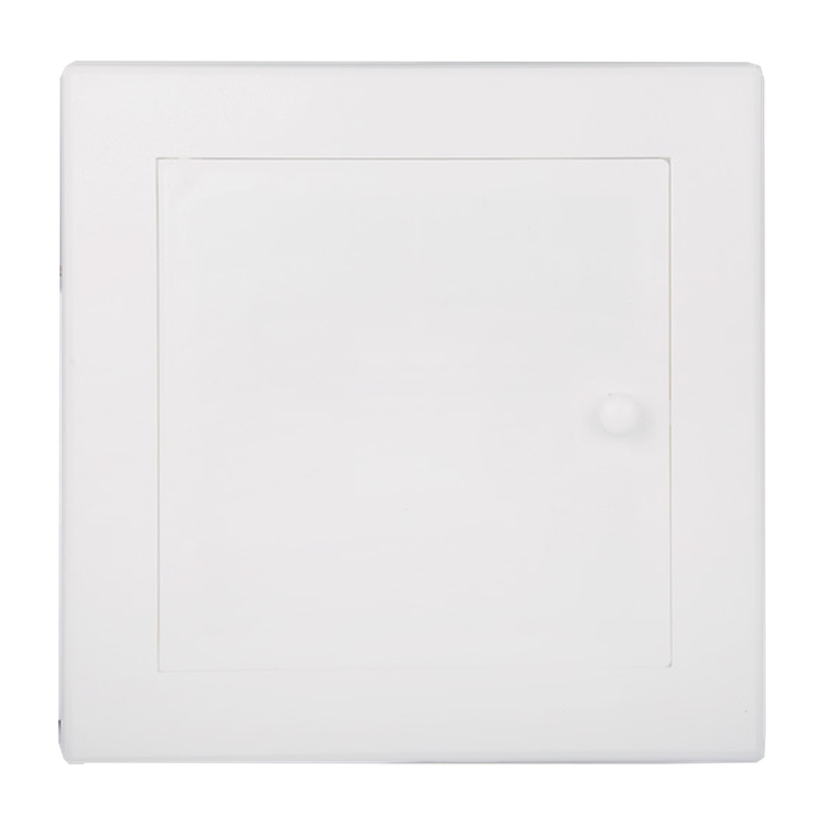 Tapa de registro blanca de 20 × 20 cm sobre fondo blanco. Blanco.