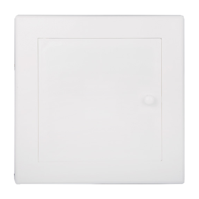 Tapa de registro blanca de 20 × 20 cm sobre fondo blanco. Blanco.