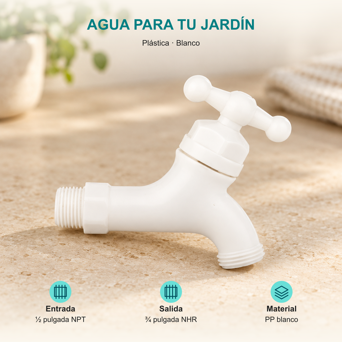 Llave para manguera plástica blanca de media pulgada: Entrada: ½ pulgada NPT; Salida: ¾ pulgada NHR; Material: PP blanco.