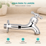 Llave para manguera plástica con extensión cromada de media pulgada: Entrada: ½ pulgada NPT; Salida: ¾ pulgada NHR; Material: ABS cromado.