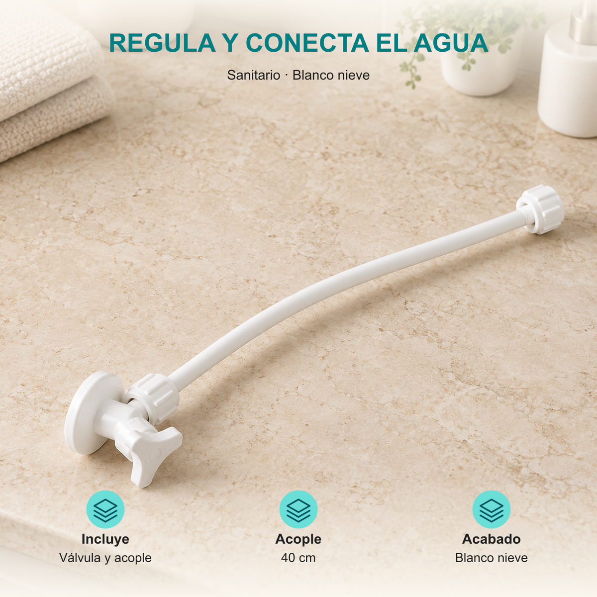 Válvula de regulación blanca con acople de 40 cm para sanitario: Incluye: Válvula y acople; Acople: 40 cm; Acabado: Blanco nieve.