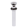Desagüe sencillo con rebose y salida de 31,7 mm sobre fondo blanco. Rejilla cromada y tubo blanco.