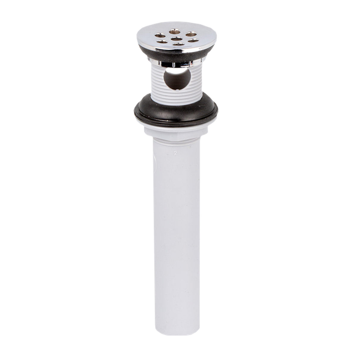 Desagüe sencillo con rebose y salida de 31,7 mm sobre fondo blanco. Rejilla cromada y tubo blanco.