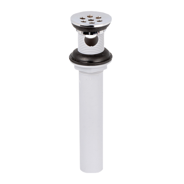 Desagüe sencillo con rebose y salida de 31,7 mm sobre fondo blanco. Rejilla cromada y tubo blanco.