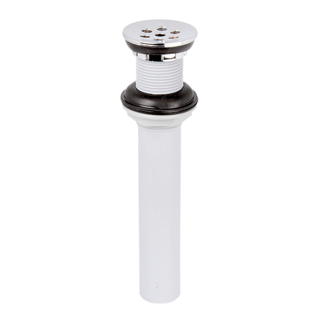Desagüe sencillo sin rebose y salida de 31,7 mm sobre fondo blanco. Rejilla cromada y tubo blanco.
