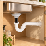 Conjunto de sifón en P con canastilla plástica de 110,4 mm en una escena de cocina. Instalación ilustrativa; los demás elementos no están incluidos.