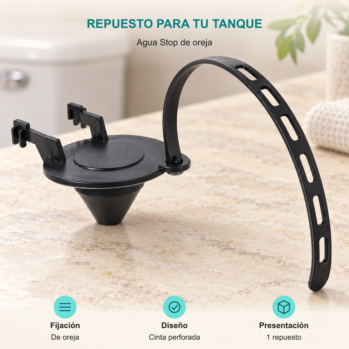 Agua Stop de oreja. Fijación: De oreja. Diseño: Cinta perforada. Presentación: 1 repuesto.