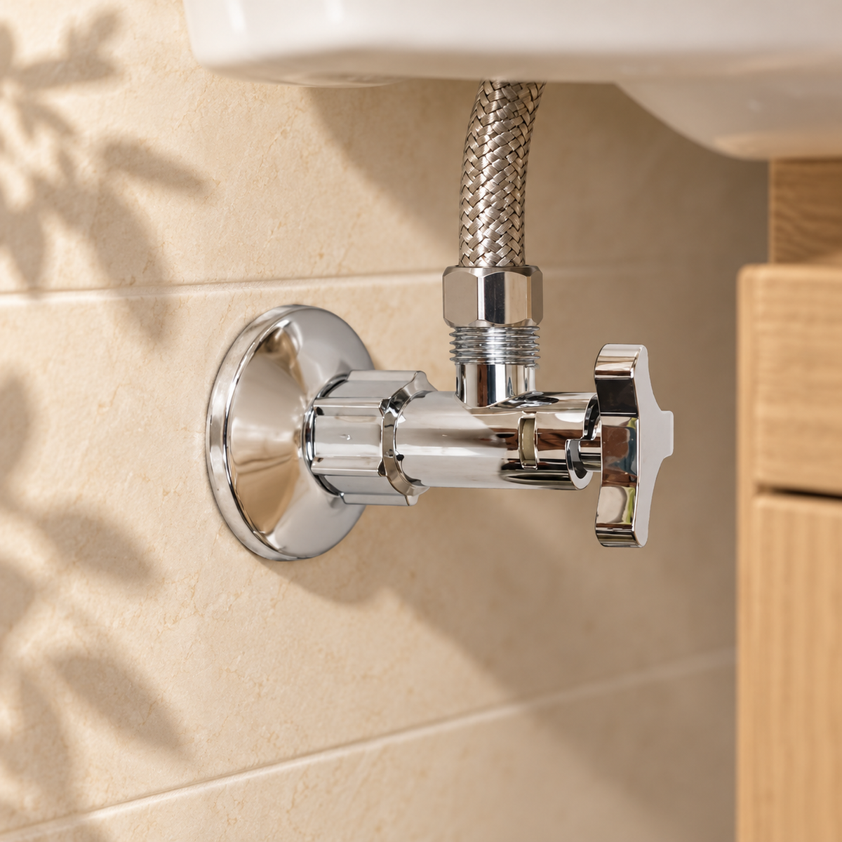 Válvula de regulación plástica cromada de media pulgada en una escena de baño. Instalación ilustrativa; los demás elementos no están incluidos.