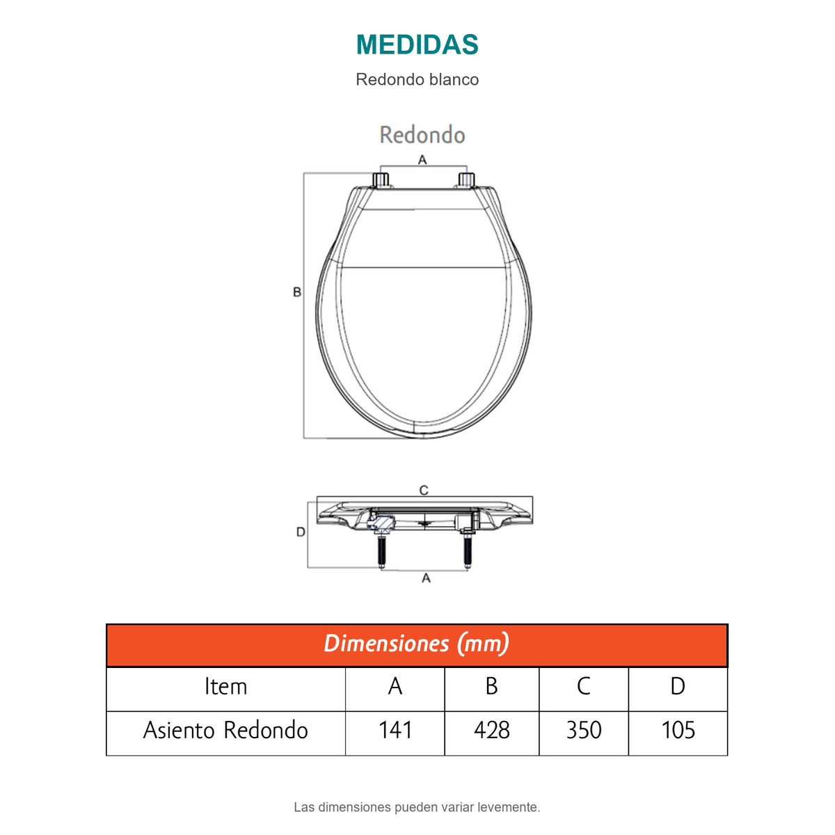 Croquis del asiento sanitario redondo blanco. A: 141 mm; B: 428 mm; C: 350 mm; D: 105 mm.