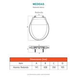 Croquis del asiento sanitario redondo blanco. A: 141 mm; B: 428 mm; C: 350 mm; D: 105 mm.